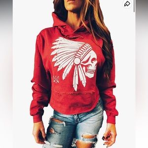 The Drive red cropped distressed hoodie